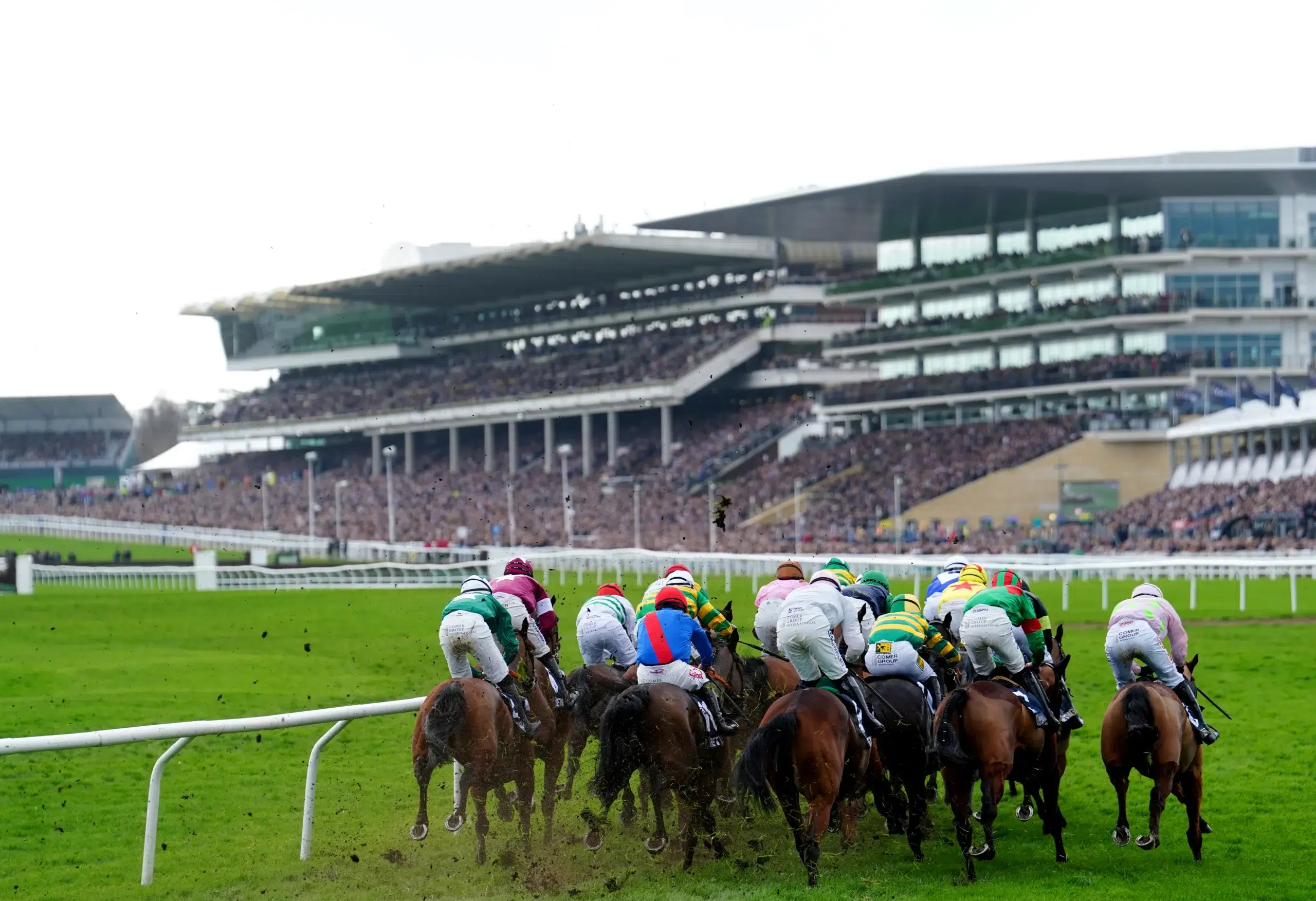 Jockeys and horses in action at Cheltenham Racecourse during the Cheltenham Festival, with a packed grandstand creating an electric atmosphere at one of the most prestigious events in jump racing