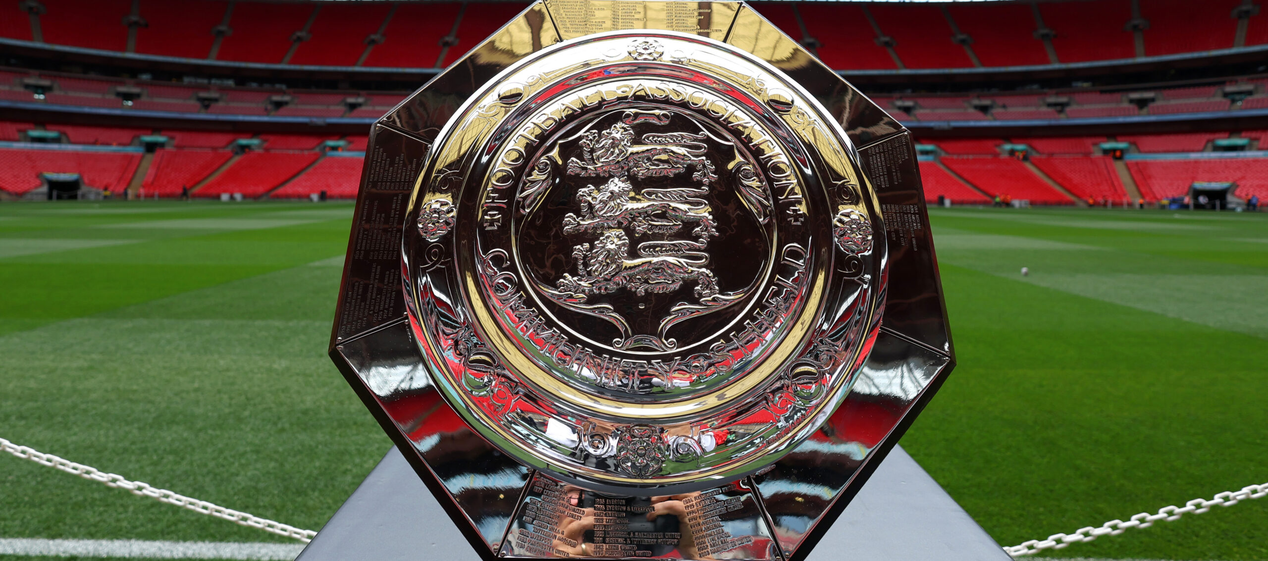 FA Community Shield trophy displayed at Wembley Stadium before the annual English football curtain-raiser