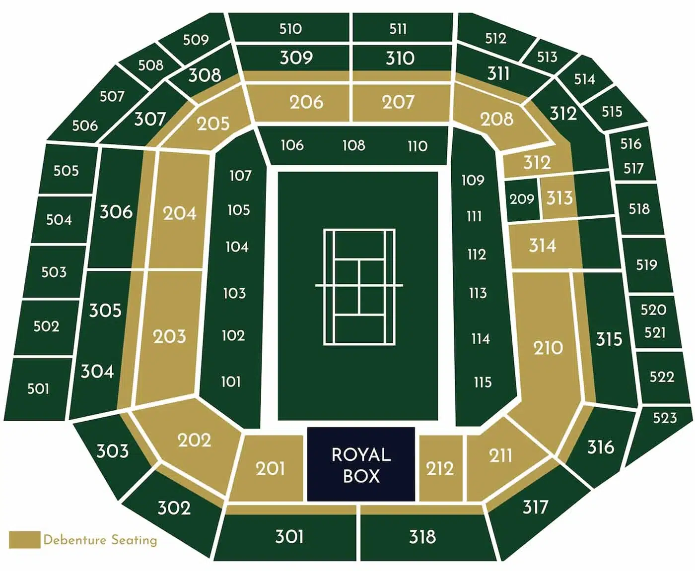 Wimbledon Centre Court seating plan, highlighting the Royal Box, debenture seating, and various spectator sections