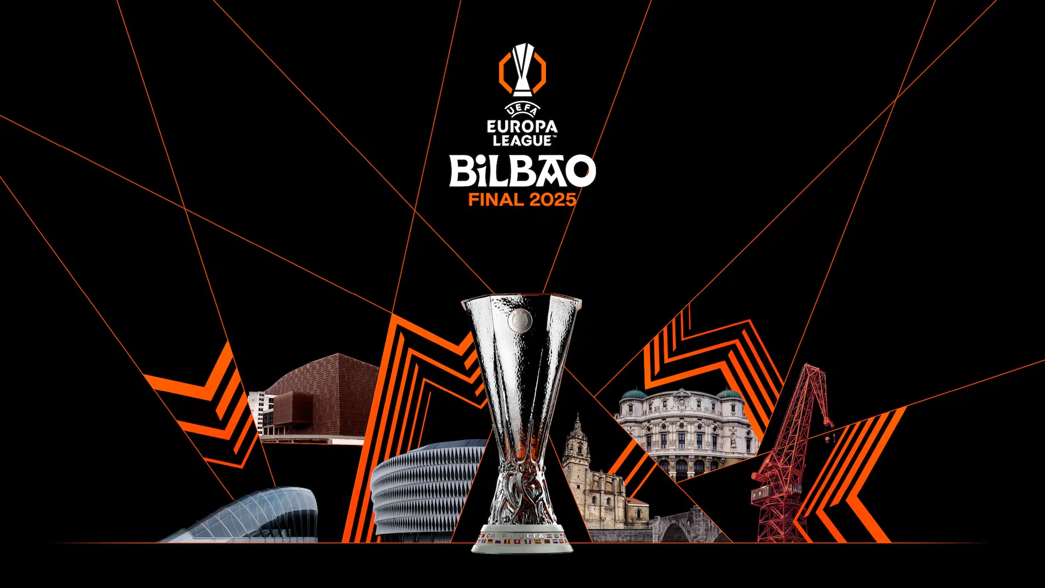 UEFA Europa League Final 2025 poster featuring the trophy and iconic Bilbao landmarks in a striking black and orange design