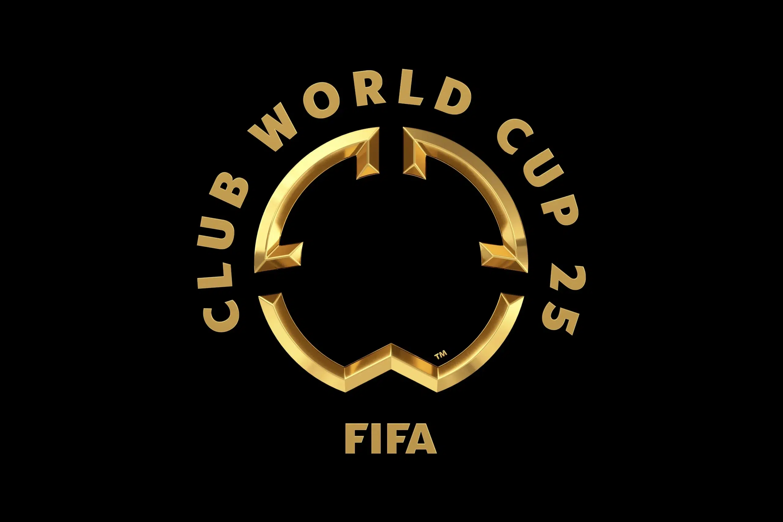Official golden emblem of the FIFA Club World Cup 2025 featuring a circular arrow design and bold text on a black background
