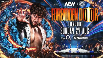 Promotional poster for AEW x NJPW Forbidden Door 2025 event in London, featuring a dynamic image of a wrestler in an action pose, surrounded by dramatic blue and orange energy effects, with the date 'Sunday 24 Aug' and venue 'The O2' prominently displayed