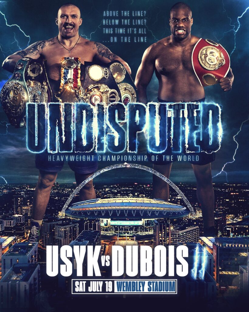 Usyk vs Dubois II promotional poster for the Undisputed Heavyweight Championship of the World, featuring both fighters above Wembley Stadium with lightning effects and a dramatic night skyline.