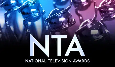 National Television Awards (NTA) promotional image featuring the iconic spiral trophy design in blue and purple lighting with bold white 'NTA' text and 'National Television Awards' written underneath