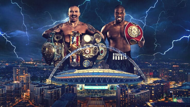 Usyk vs Dubois II promotional poster for the Undisputed Heavyweight Championship of the World, featuring both fighters above Wembley Stadium with lightning effects and a dramatic night skyline.