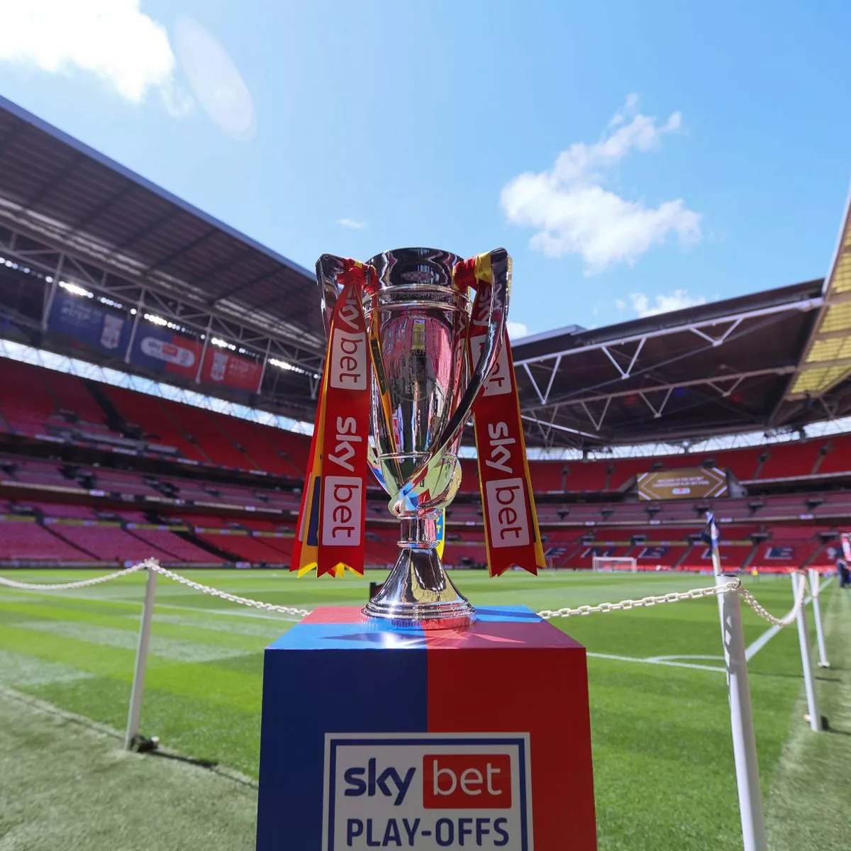 Sky Bet Championship Play-Off Final trophy on display at Wembley Stadium.