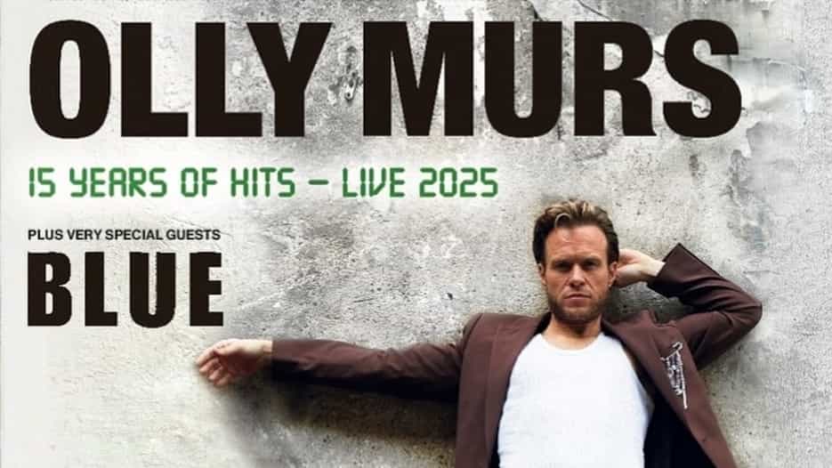 Promotional poster for Olly Murs – 15 Years of Hits: Live 2025, featuring Olly leaning confidently against a textured wall. The tour includes special guests Blue, with bold, modern text emphasizing the celebratory nature of the milestone concert