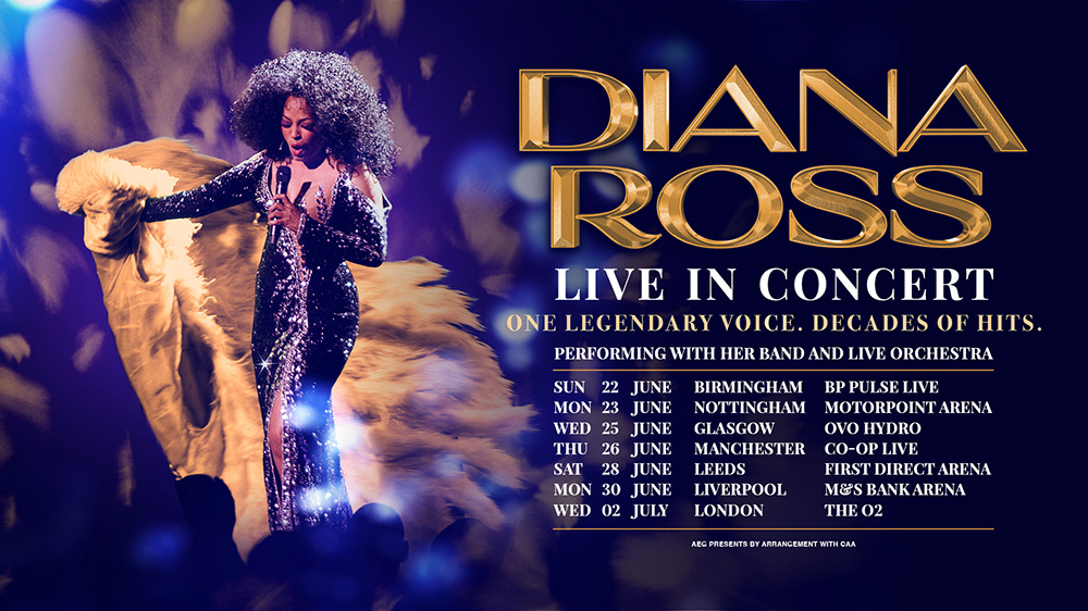 Promotional poster for Diana Ross's live concert tour, showcasing a glamorous image of Diana Ross in a sparkling gown with a golden feathered cape, and listing tour dates in June and July across UK cities