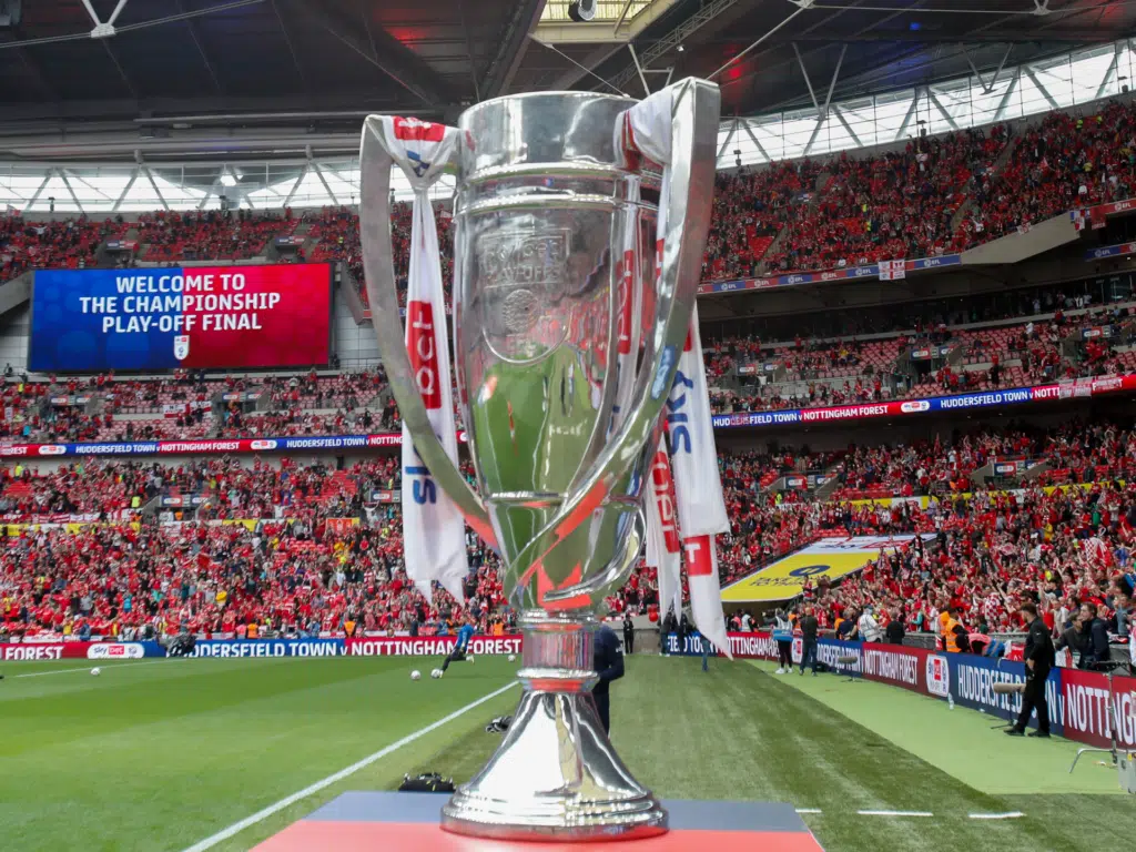 Sky Bet Championship Play-Off Final trophy on display at Wembley Stadium.