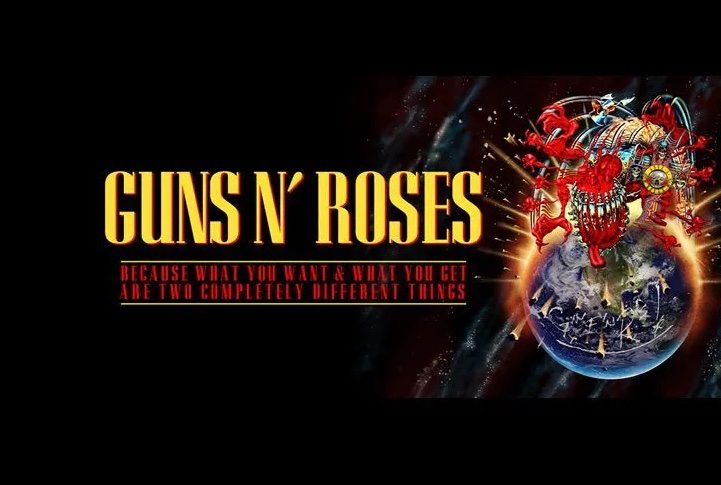 Guns N’ Roses concert poster for 26 June at Wembley Stadium, featuring bold yellow text and a futuristic red robot bursting from Earth with the tagline 'Because what you want & what you get are two completely different things.