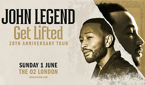 A promotional poster for John Legend's Get Lifted 20th Anniversary Tour, featuring a gold-toned double image of the artist — one profile and one smiling forward-facing. Text highlights the concert date, Sunday 1 June, and venue, The O2 London