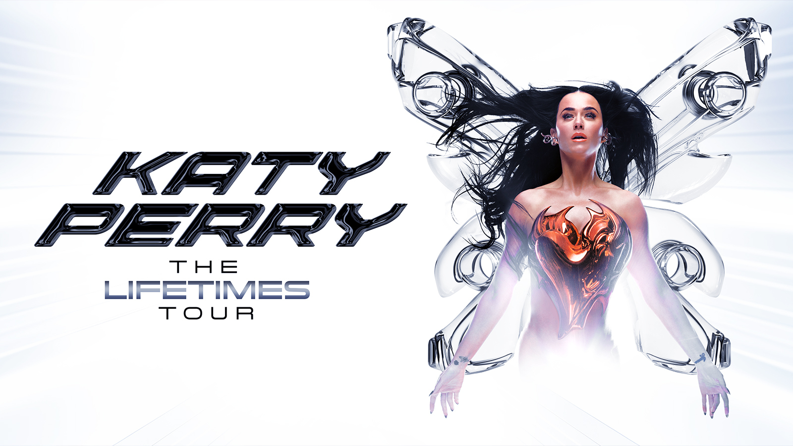 Promotional poster for Katy Perry's The LIFETIMES Tour featuring a futuristic design with Katy Perry in a metallic heart-shaped bodice, flowing black hair, and a chrome abstract background