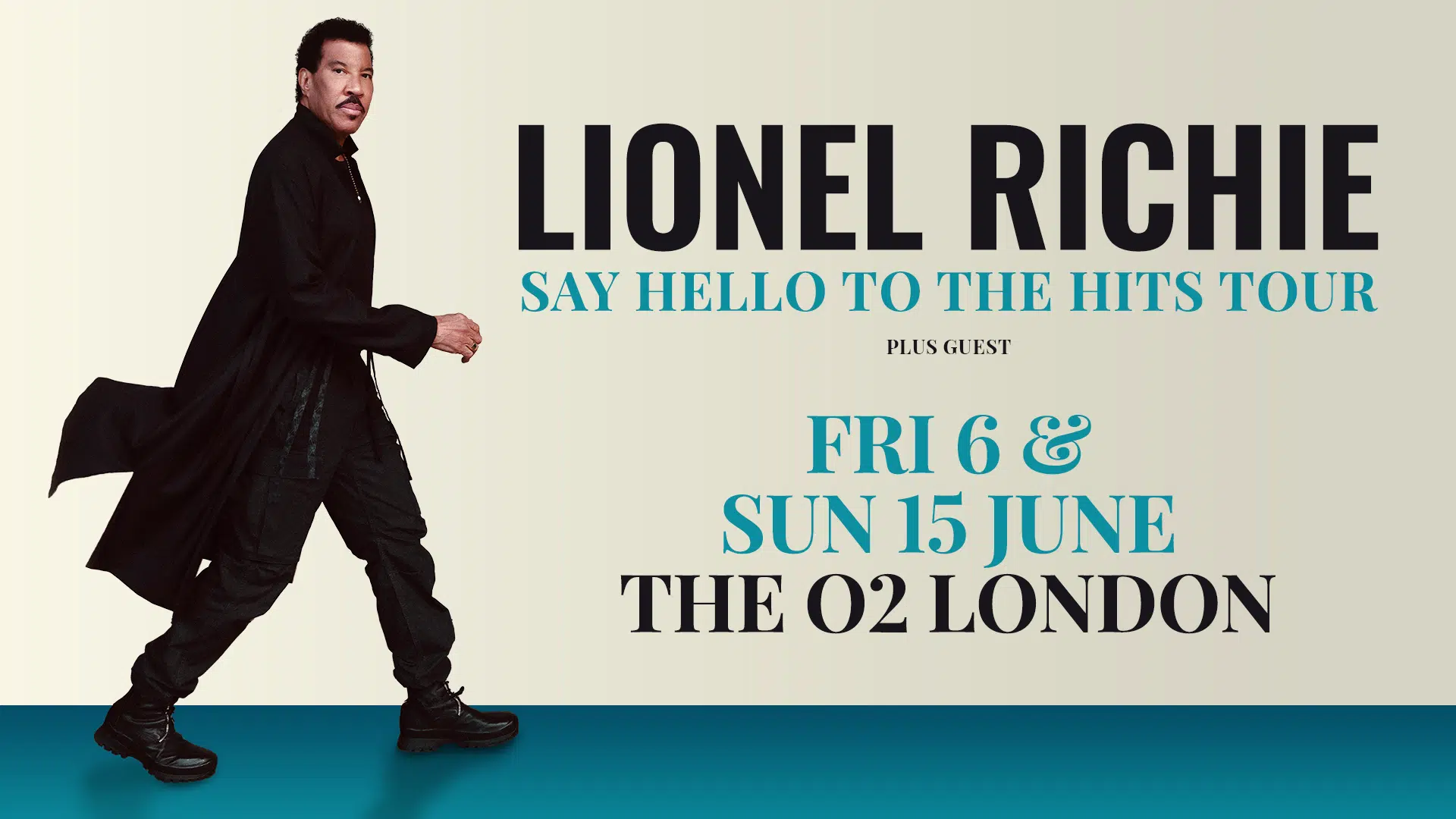 Promotional poster for Lionel Richie's "Say Hello to the Hits Tour" featuring two concert dates. Lionel Richie is shown walking confidently in a black outfit against a cream and teal background.