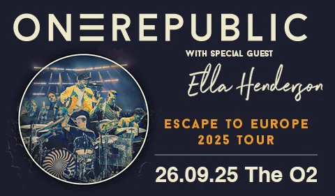 Promotional poster for OneRepublic’s ‘Escape to Europe 2025 Tour’ featuring special guest Ella Henderson, with the concert date set for 26.09.25 at The O2, London. The design includes the band performing inside a circular frame with bold text and a dark background