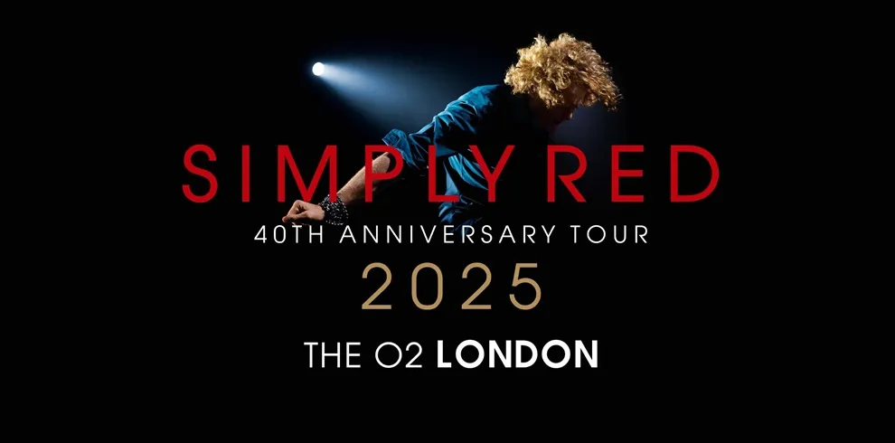 Simply Red 40th Anniversary Tour 2025 promotional image featuring lead singer under spotlight, performing at The O2 London Featured Image Id