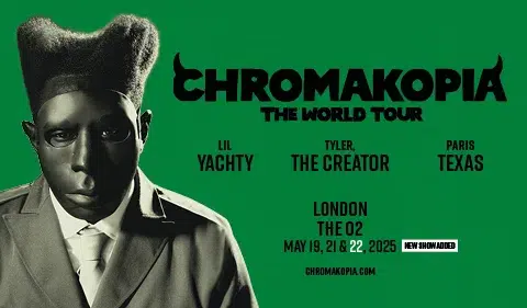 Green and black poster for CHROMAKOPIA: The World Tour featuring Tyler, The Creator, Lil Yachty, and Paris Texas. Tyler is shown in a surreal black mask and tall box haircut. The event is set for London, The O2, on May 19, 21 & 22, 2025, with a note highlighting a new show added