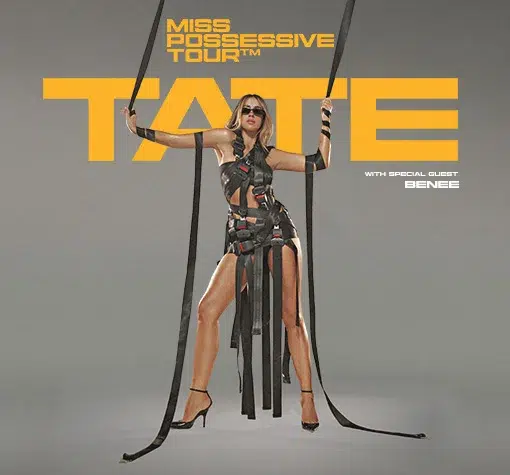 Promotional poster for Tate McRae's Miss Possessive Tour™, featuring a futuristic design with Tate standing confidently in a strappy black outfit holding long black ribbons. The bold yellow text “TATE” dominates the top, with special guest BENEE noted in smaller text