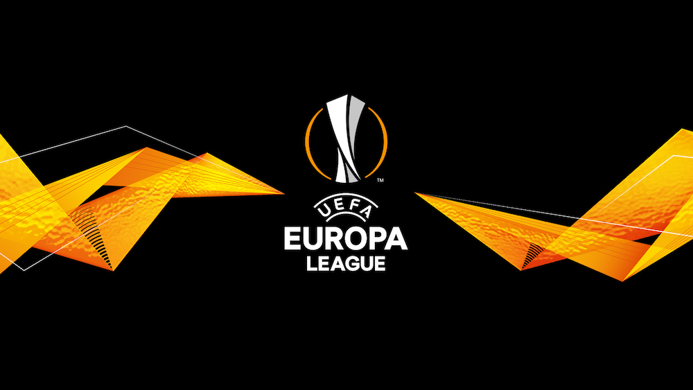 UEFA Europa League logo with bold geometric designs in orange and yellow, set against a black background, symbolising Europe's premier secondary club football competition.