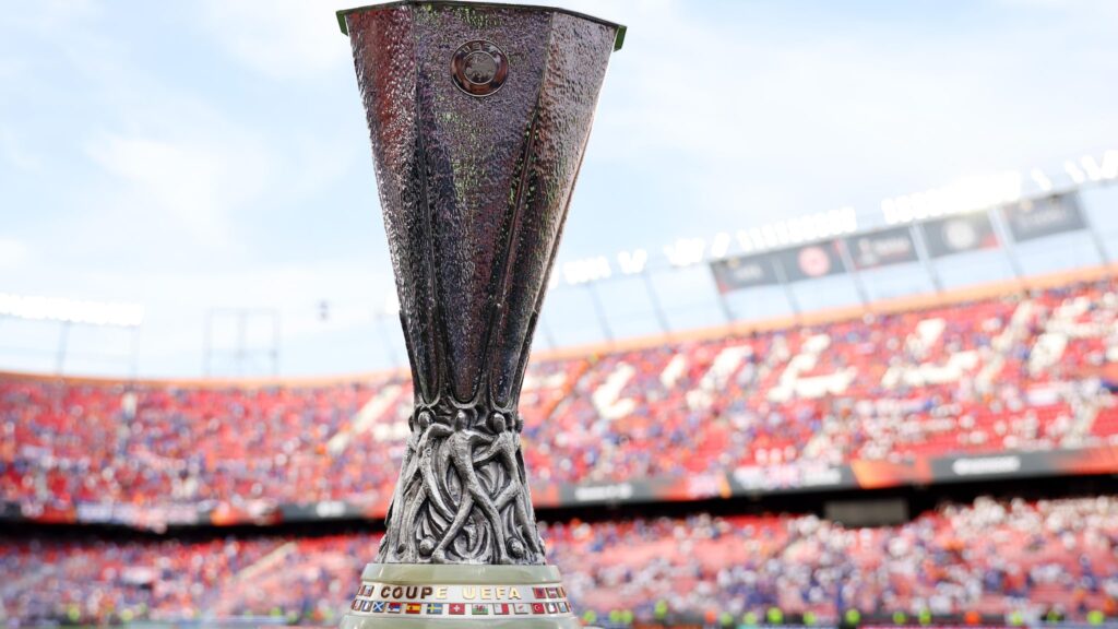 UEFA Europa League trophy displayed in a stadium setting, symbolising the prestigious European competition ahead of the 2025 final.