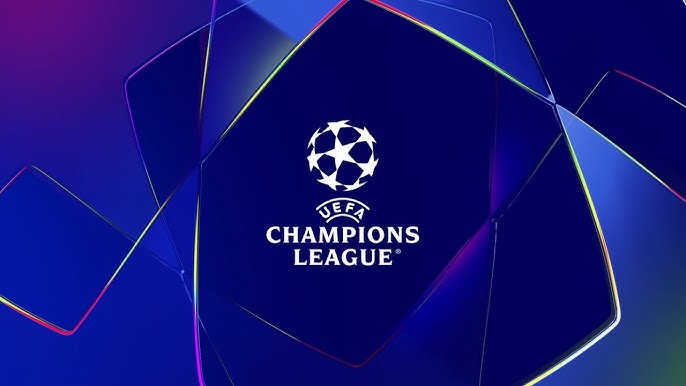 UEFA Champions League logo with a vibrant blue geometric background, symbolising Europe’s premier club football competition.