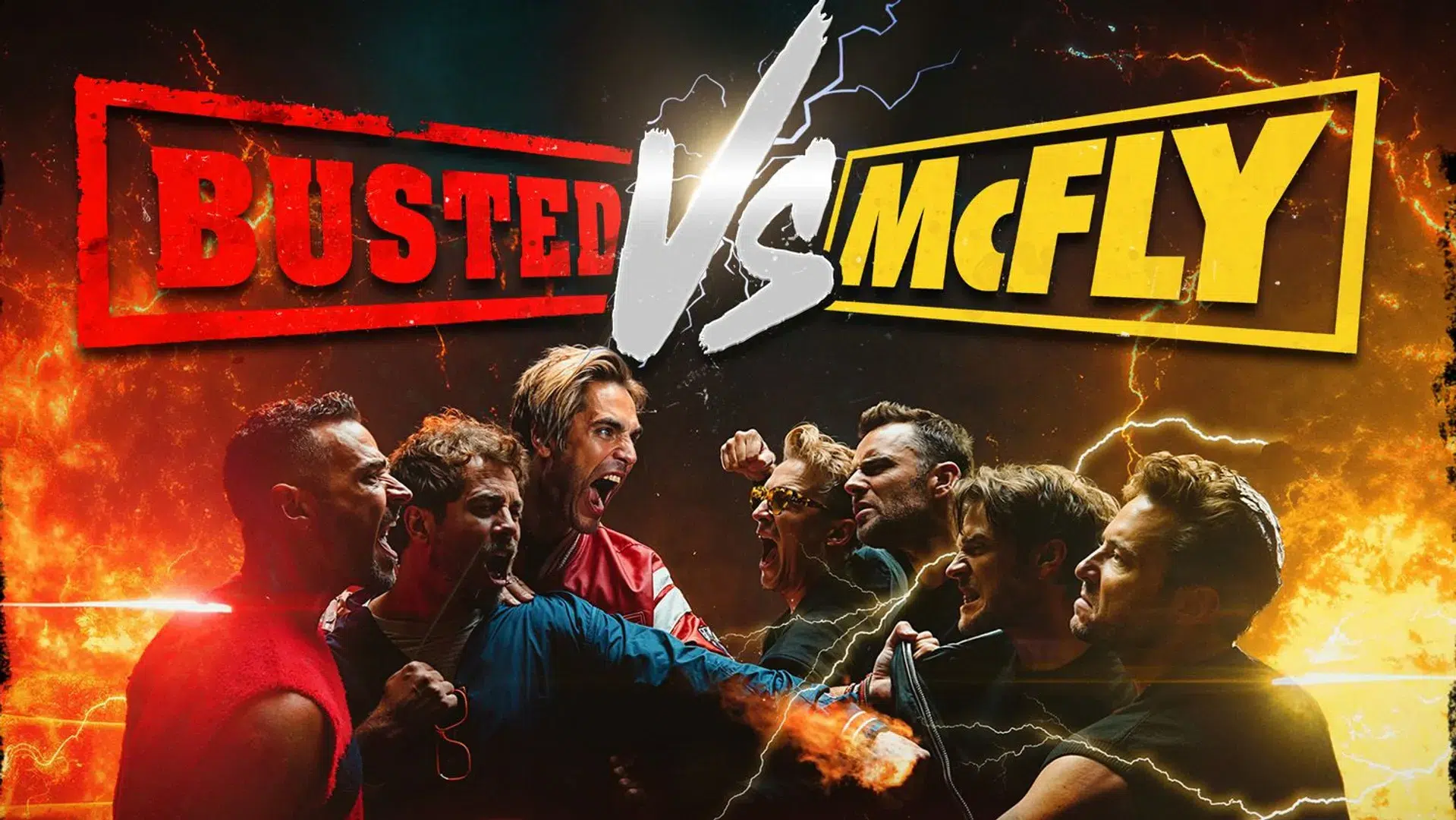 Promotional poster for Busted vs McFly tour, featuring intense face-offs between the band members of both groups with fiery red and electric yellow backgrounds split by a dramatic lightning bolt