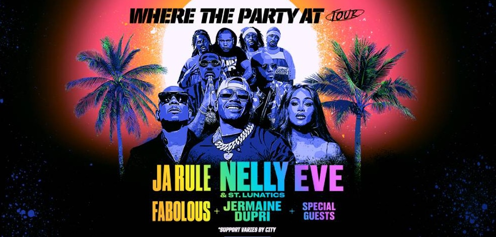 Colorful illustrated promotional poster for the "Where The Party At Tour" featuring Ja Rule, Nelly & St. Lunatics, Chingy, and Jermaine Dupri. Set against a tropical backdrop with palm trees and a glowing sunset, the poster highlights the artists in bold neon colors with "Where The Party At Tour"