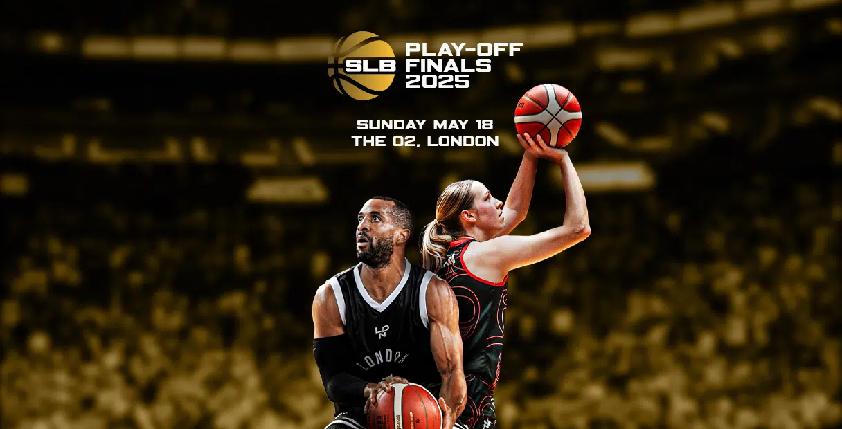 Poster for the SLB Play-Off Finals 2025, showcasing two basketball players in action with a packed stadium background. The event is scheduled for Sunday, May 18 at The O2, London. The SLB logo and bold golden-white typography give the poster an energetic and competitive vibe