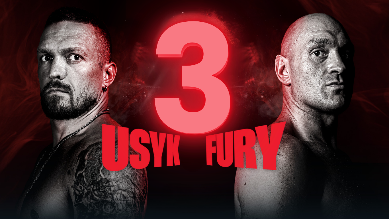 Promotional poster announcing Tyson Fury vs. Oleksandr Usyk III heavyweight boxing match, featuring bold text, dramatic lighting, and face-off images of both fighters staring at each other. join us for a VIP hospitality experiance