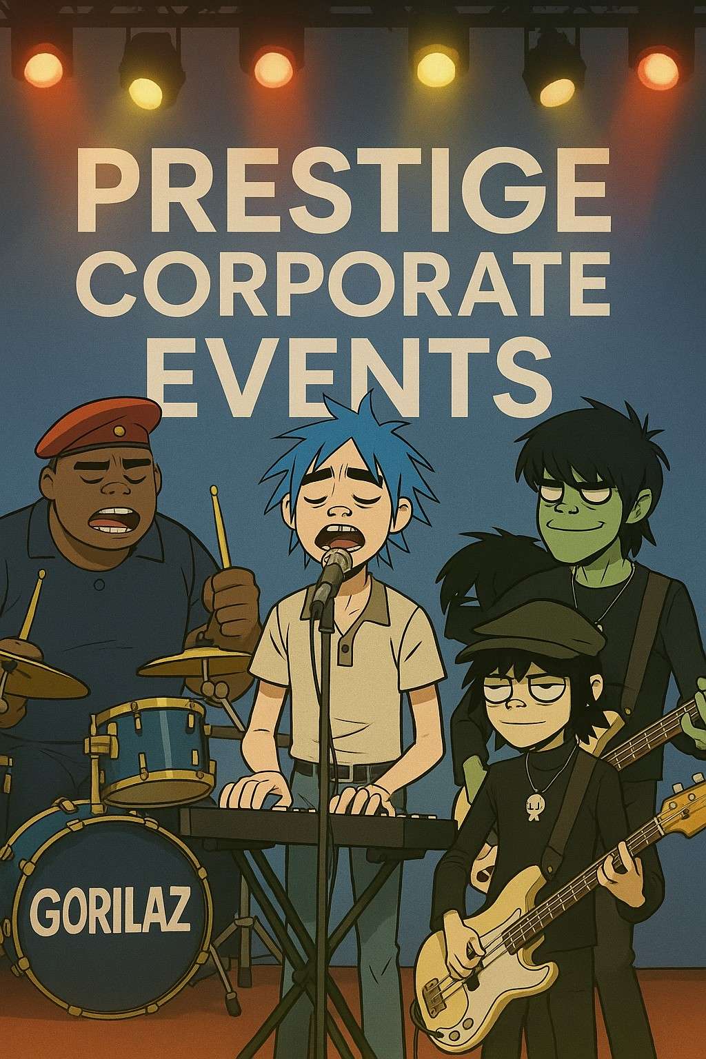 cartoon depiction of Gorillaz group singing in a concert with Prestige Corporate events written behind them.