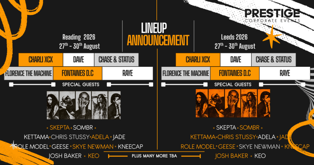 full line up and both the Reading and Leeds festival date, showing images of some of the main performers including Charlie XCX, Dave and Raye. also including support acts